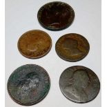 Penny 1854, half-pennies 1799, 1807, 1773 and Irish 1766