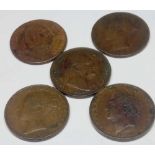 Five 19th Century copper farthing