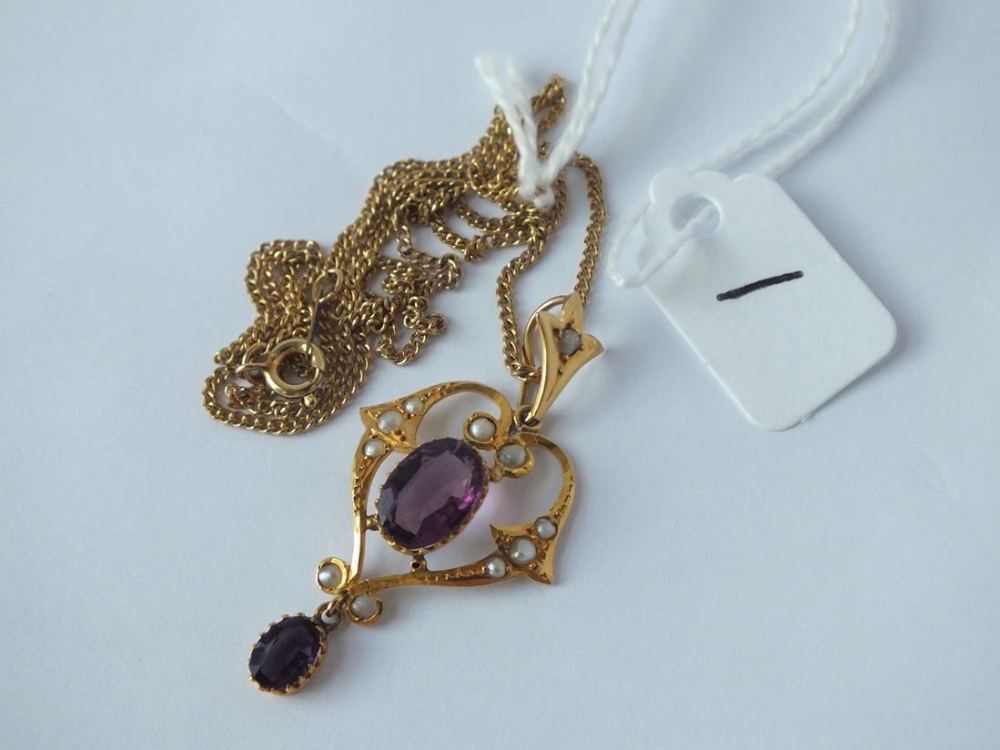 An attracive amethyst & pearl drop pendant necklace in 9ct on a rolled gold gilt link chain - Image 2 of 2