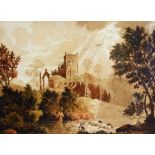 J DENT - early c19 watercolour of castle ruins near river - 4.5" x 6" - signed and inscribed