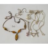 A silver & amber necklace & other silver items
