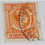 Gibralatar SG 131 (1938). £1 value. Centred high otherwise fine used. Cat £55