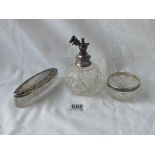 An oval mounted dressing table jar and atomiser and a salt