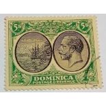 Dominica SG 90 (1923). 5sh MCA. Fine used. Cat £55