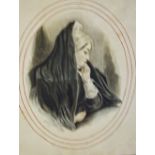 c19 School - Study of a lady - painted oval - 7" x 6"