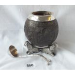 An unusual colonial coconut shell and bowl with spoon on three cast elephant feet - 5" high - 715gms