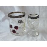 A silver mounted jar with cherries to glass body - B'ham 1904 - and a mounted spill vase