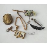 A bag of assorted jewellery items including lava cameo, watch Albert, brooches etc.