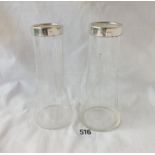 Pair of engraved glass vases with silver mounts - 6" high
