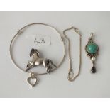 A silver brooch of a galloping horse & a silver pendant & bangles etc.
