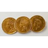 A USA gold one dollar brooch with three coins - 1862 etc.