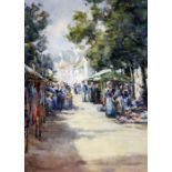 E HALL - Figures in a Continental Market - 12" x 9" - unframed