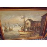 L CARTER - Fishing boats in a harbour - 24" x 36" - signed