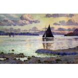 J S MACKAY 1914 - Sailing boat in estuary - 6" x 9.5" - signed and dated