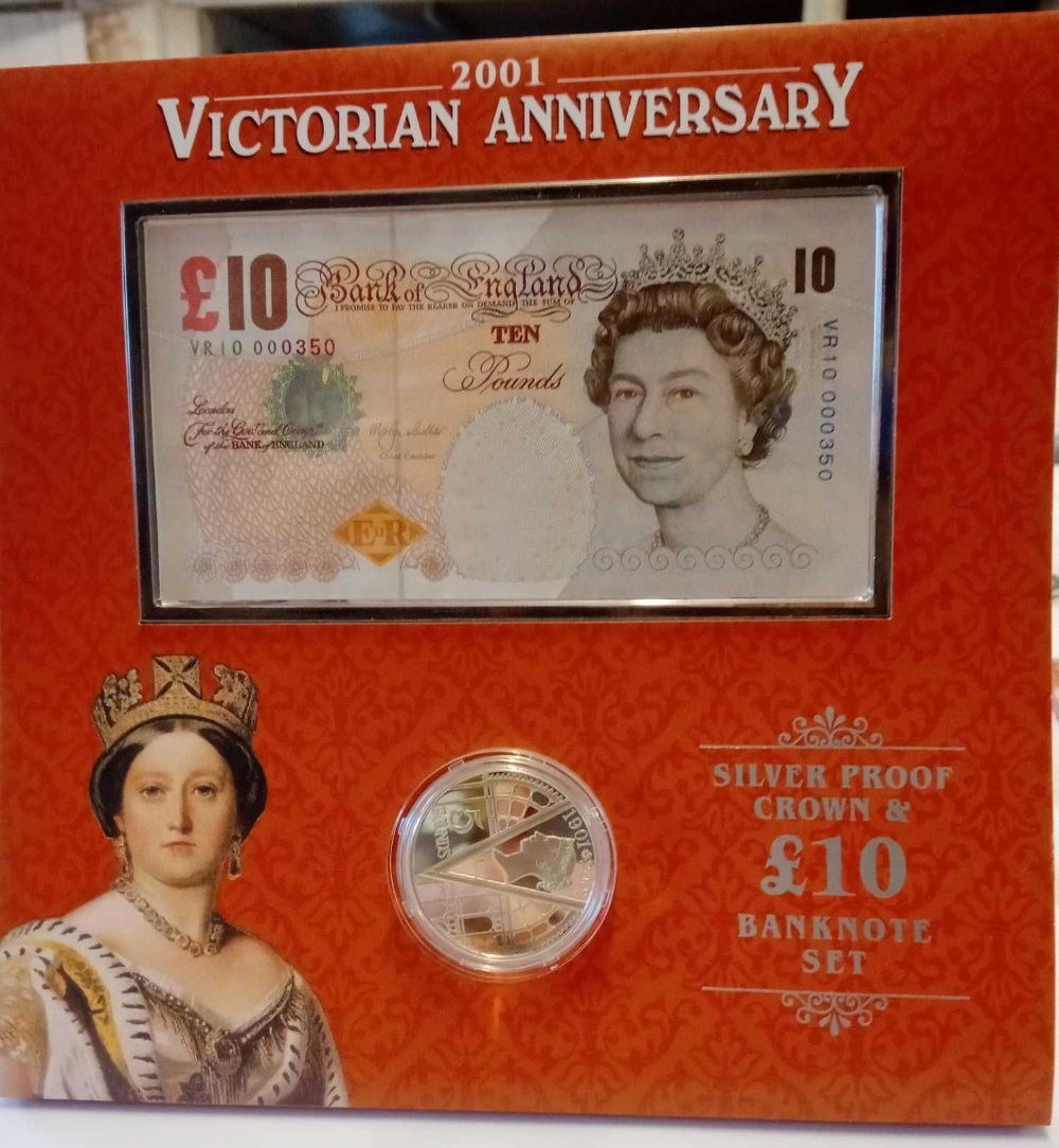 Silver proof crown & £10 banknote - 2001 Victorian anniversary boxed set