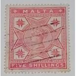 Malta 1886 QV 5/- v.light bar cancel SG30