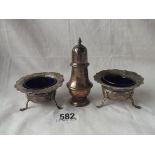 A pair of salts on pad feet - Sheffield 1920 - and a pepper caster