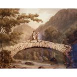 c19 English School showing figures on a country bridge 8" x 10.5"