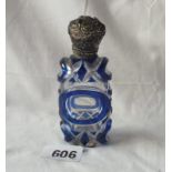 A blue overlay scent bottle and stopper with embossed hinged cover (loose) - 4" high