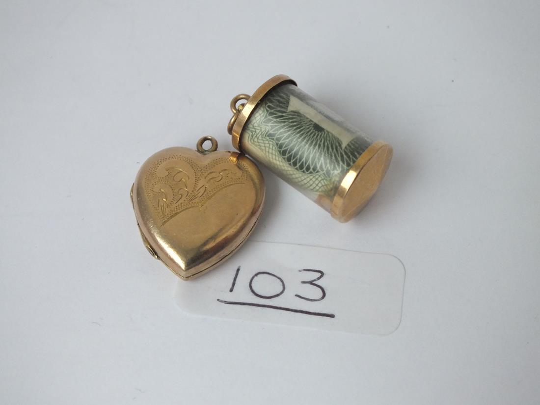 A heart shaped back & front locket & a £1 note charm in 9ct