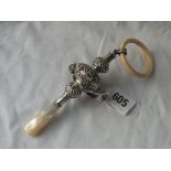 A silver and MOP baby rattle - B'ham 1923