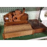 TREEN LETTER RACK, 2 ORIENTAL WOODEN BOXES & CARVED WOODEN PLAQUE