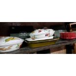SHELF WITH PLACE, MATS, SOUP TUREENS, EVESHAM VALE LIDDED DISHES & SPODE DISH