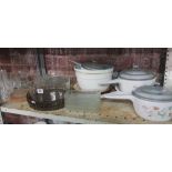 SHELF WITH MISC KITCHEN GLS & SAUCEPANS, MIXING BOWLS & GLASS HORS DEOUVRE'S DISHES