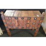 HEAVILY CARVED WOODEN ORIENTAL FOOD CUPBOARD WITH BRASS & STONE FEATURES (3FT WIDE)
