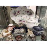 SHELF OF BONE CHINA ORNAMENTS INCL; ROYAL CROWN DERBY CUP & SAUCER