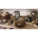 SHELF OF PLATED WARE, DRINKING TANKARDS ETC, ALARM CLOCK