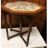 FOLDING OCTAGONAL OAK COFFEE TABLE WITH INSET SILK ORIENTAL EMBROIDERY