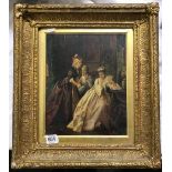 VICTORIAN INTERIOR SCENE WITH 3 LADIES IN GOOD ANTIQUE GILT FRAME, ON PANEL