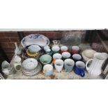 SHELF WITH MIXED CHINAWARE INCL; MUGS, PLATES & JUGS