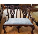 PRETTY CARVED MAHOGANY MINIATURE SOFA WITH ARMS & BALL & CLAW FEET