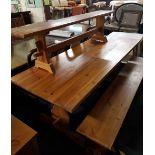 FINE QUALITY STRIPPED PINE FARM HOUSE TABLE (6FT 5'' X 2FT 6'') WITH PAIR OF BENCHES TO MATCH