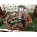 PLATED TRAY, SPOONS ETC & PEWTER TANKARD