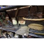 SHELF WITH CAST IRON CAT DOOR STOP, CHESTNUT ROASTER, BASKET WITH METAL HANDLE, METAL JUG & CANDLE