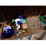 SHELF WITH WICKER HANDLED TRAY, WINE GLASSES, PLATED WARE, BRISTOL BLUE VASE & GREEN HANDLED GLASS