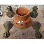CLAY EARTHENWARE VENT COVER & 4 CAST IRON BALL & CLAW FEET
