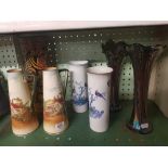 2 LUSTER VASES, PAIR OF WOODS & STONES ORIENTAL BIRD VASES, PAIR OF ROYAL DOULTON JUGS & A VASE