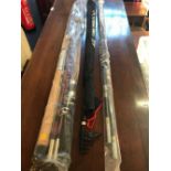 3 BEECH RODS IN CLEAR PLASTIC BAGS, 1 TELESCOPIC ROD, SHAKESPEAR 2528 G FLY REEL, AN ULTRA FLOW