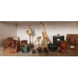 SHELF OF ORNAMENTS, DOG BOOK END & HIP FLASK ETC