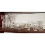 SHELF OF CUT GLASS, VASES, TANKARDS ETC