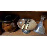 STUDIO POTTERY JUG, GLASS DECANTER, WOOD & WHITE METAL STAND ETC