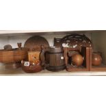 SHELF OF TREEN ITEMS, BOOKENDS ETC