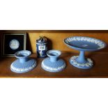 PAIR OF WEDGWOOD CANDLE STICK, WEDGWOOD LIGHTER, WEDGWOOD PEDESTAL DISH & WEDGWOOD FRAMED PLAQUE