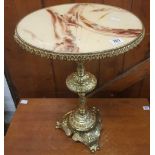 BRASS PEDESTAL WINE TABLE WITH MARBLE EFFECT PLASTIC TOP