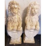 FINE PAIR OF CONCRETE LION FUR ORNAMENTS WITH HERALDIC SHIELDS (VERY HEAVY)