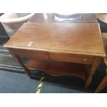 EDWARDIAN MAHOGANY SIDE TABLE WITH PAIR OF DRAWERS, SHELF UNDER & TURNED LEGS